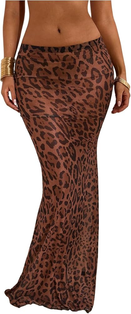 SHENHE Women's Leopard Print Mesh Swim Cover Up Sheer Y2k Beach Maxi Skirt Coverups | Amazon (US)