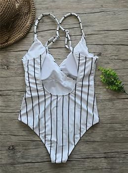 Women’s Cute White Stripe One-Piece Swimsuit Beach Swimwear Bathing Suit Bikini | Amazon (US)