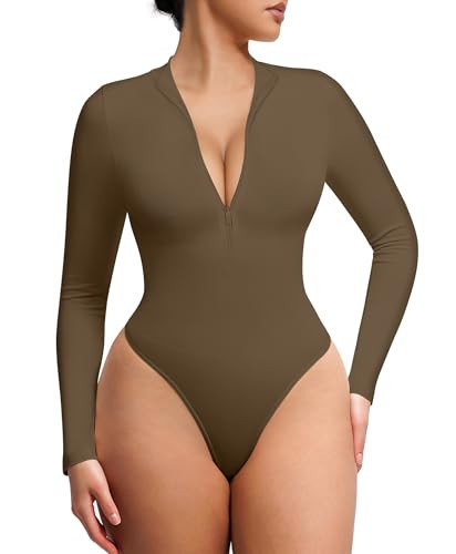 FeelinGirl Long Sleeve Body Suit for Women Mock Turtle Neck Zip Up Bodysuit Ribbed Deep V Bodysuit Espresso M/L | Amazon (US)