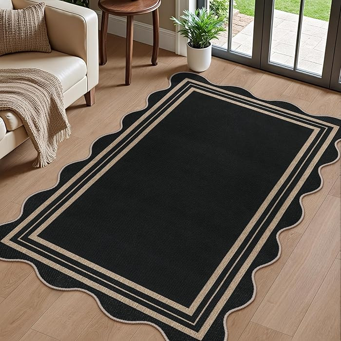 Scalloped Easy Jute 3x5 Outdoor Rug, Washable Rugs for Entryway Black Front Door Mat, Farmhouse N... | Amazon (US)