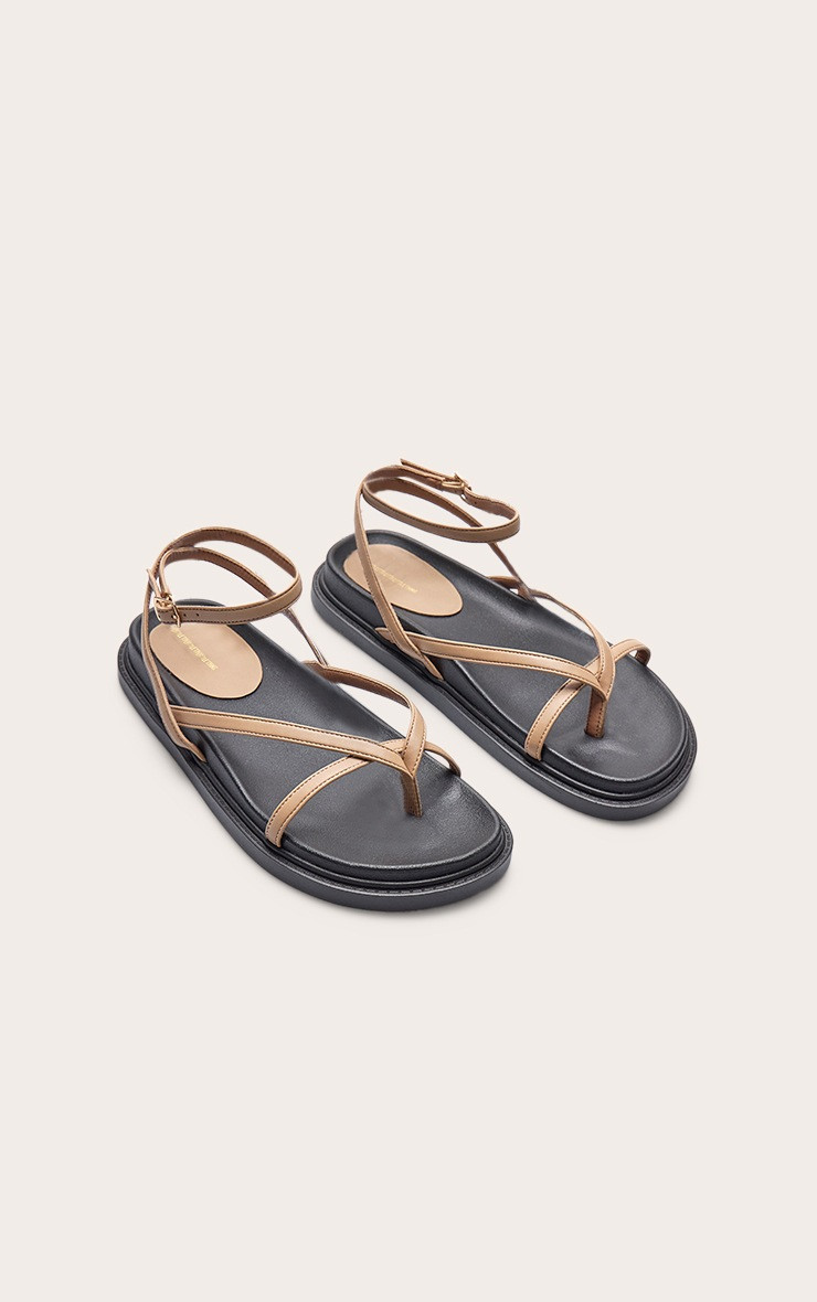 Beige Pu Round Toe Thong Footbed Ankle Strap Flat Sandals | PrettyLittleThing US