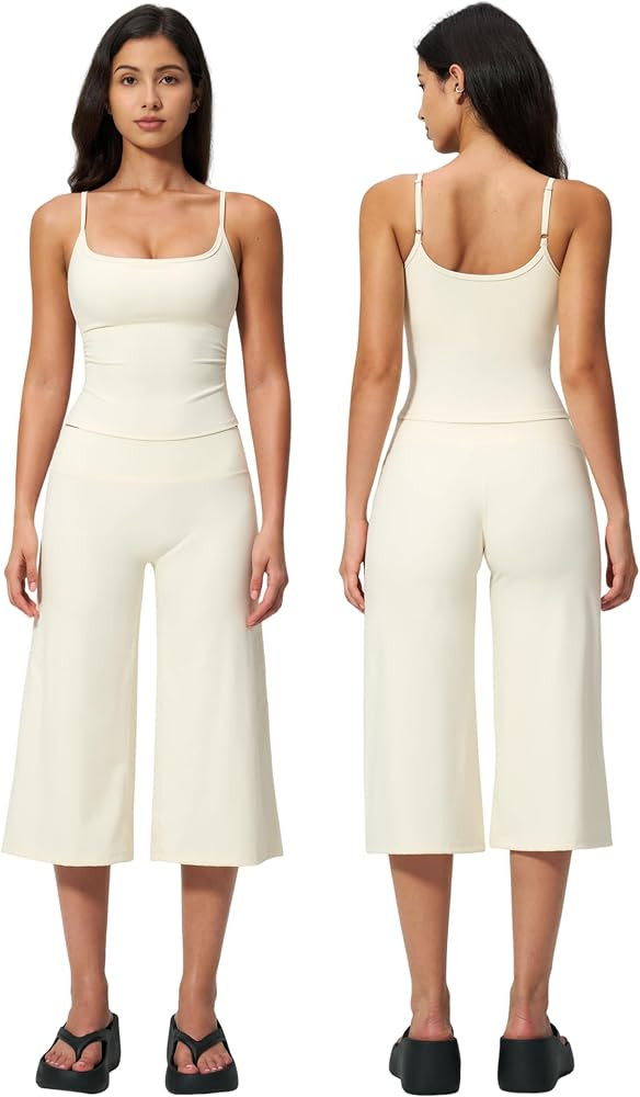 Two Piece Womens Workout Set Spaghetti Straps Crop Top Matching Wide Leg Capri Pants Gym Pilates ... | Amazon (US)