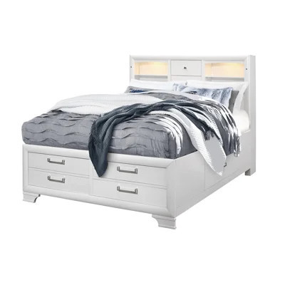 White, Modern, Queen Storage Bed, Lit Headboard, Drawers, Rubberwood, , No Box Spring Needed, Bedroom Modern White Bed With Drawers And Bookcase Solid | Wayfair North America