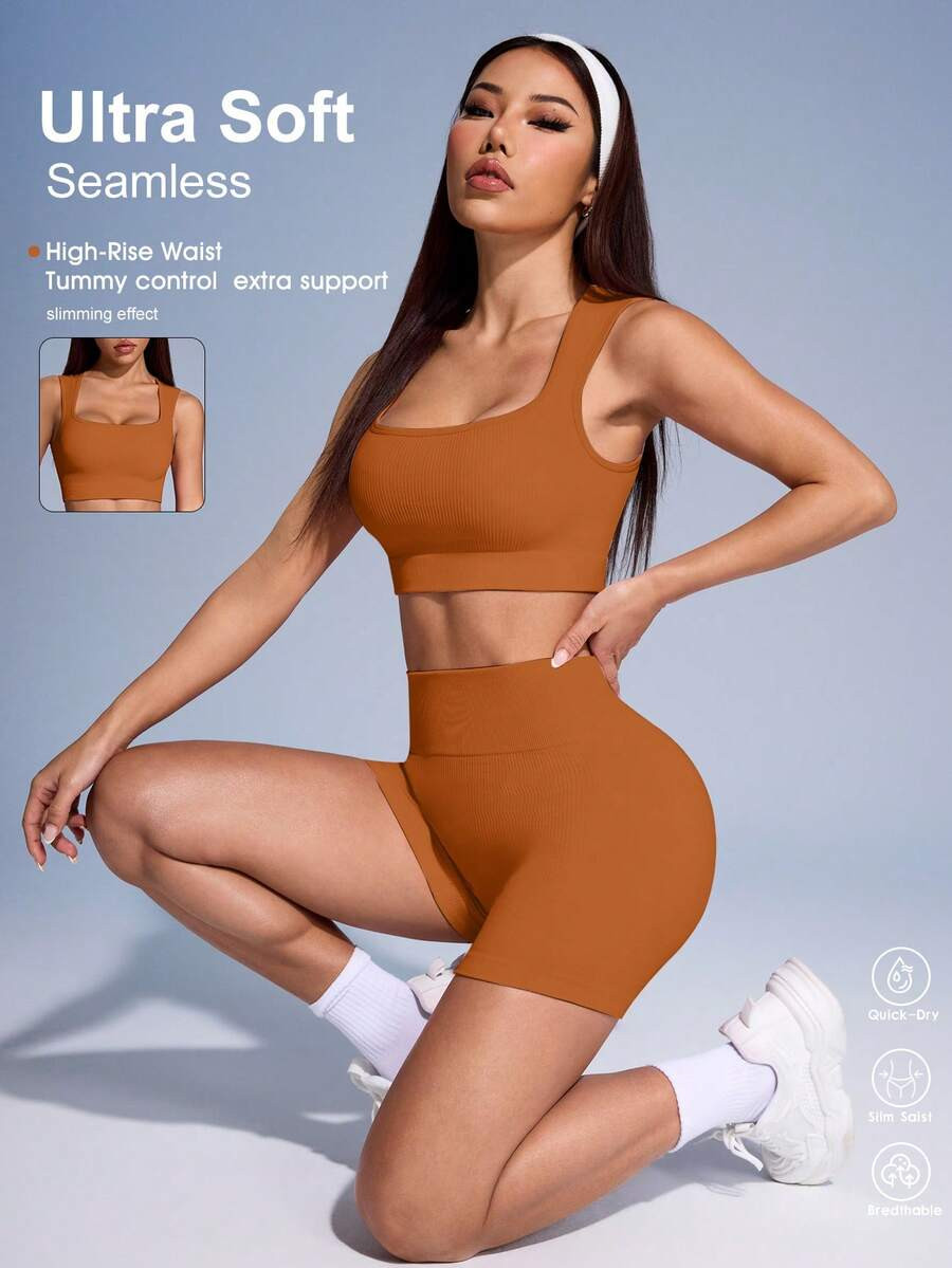 SHEIN Sovereign Charm Solid Color Ribbed Sports Tank Top & Shorts Set For Women | SHEIN