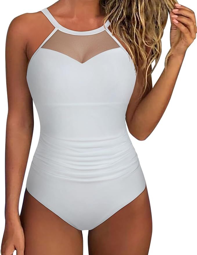 SUUKSESS Women Tummy Control One Piece Swimsuit Sexy Mesh High Neck Bathing Suit | Amazon (US)
