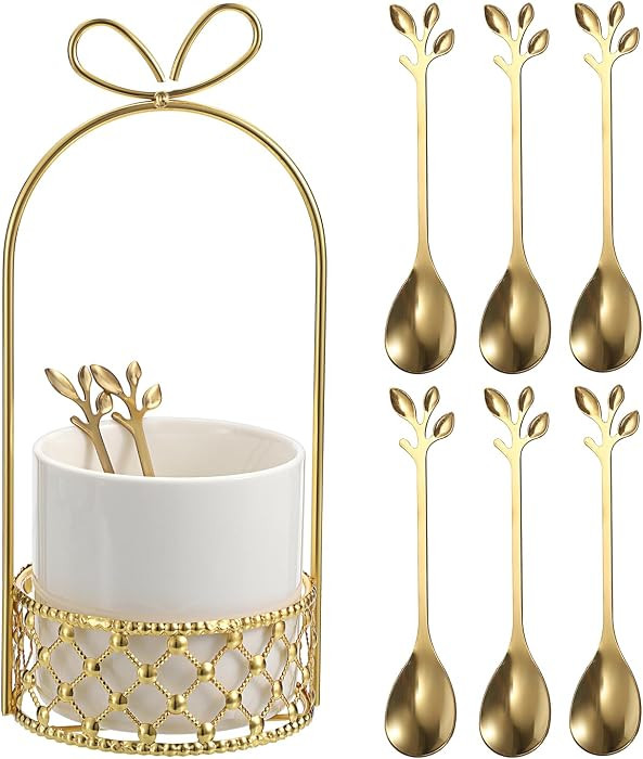 ELLDOO Coffee Spoon Set, White Ceramic Holder with 8 Stainless Steel Gold Leaf Coffee Spoons, Cre... | Amazon (US)