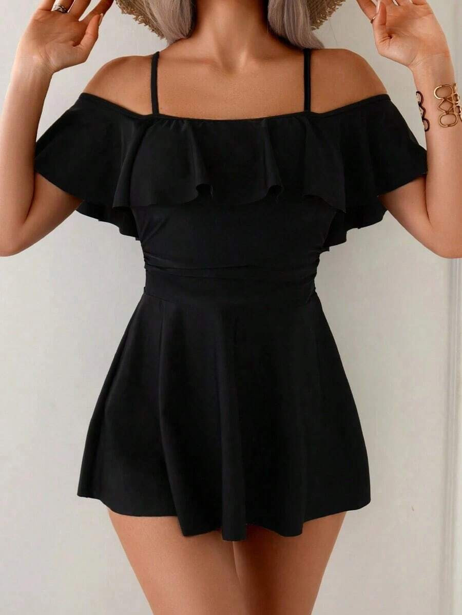 LocalSwim Basics Women's Summer Holiday Beach Dress, Elegant Sexy Spaghetti Strap Ruffle Collar B... | SHEIN