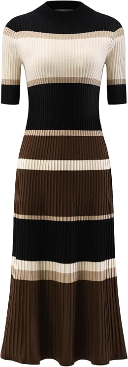 Women's Knit Striped Dresses Short Sleeve Midi Ribbed Sweater Dress | Amazon (US)