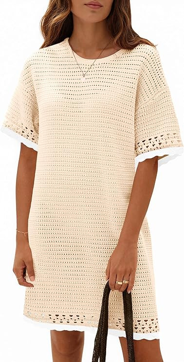 Fisoew Womens Crochet Knit Dress Summer Short Sleeve Cotton Casual Loose Coverups Beach Vacation ... | Amazon (US)