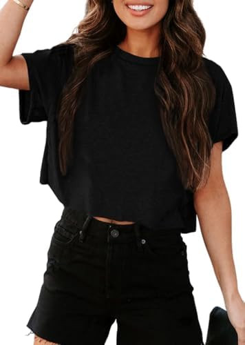 UNCLECAT Women's Cropped T Shirts Trendy Short Sleeve Crew Neck Crop Tops Solid Basic Tee | Amazon (US)