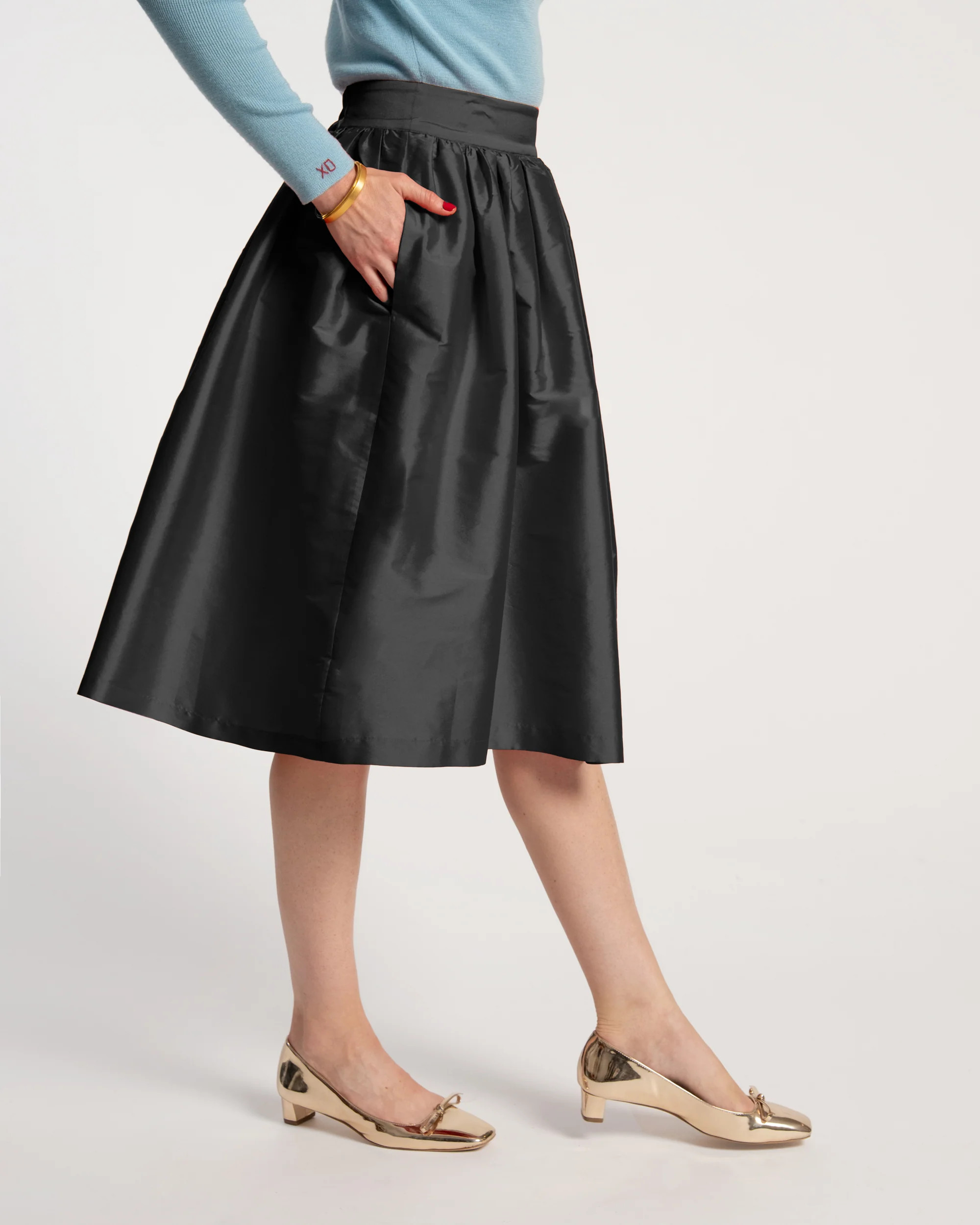 Barbara Gathered Midi Skirt Black | Frances Valentine
