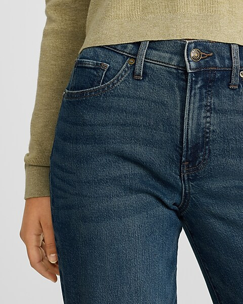 High Waisted Medium Wash Cuffed Wide Leg Jeans | Express