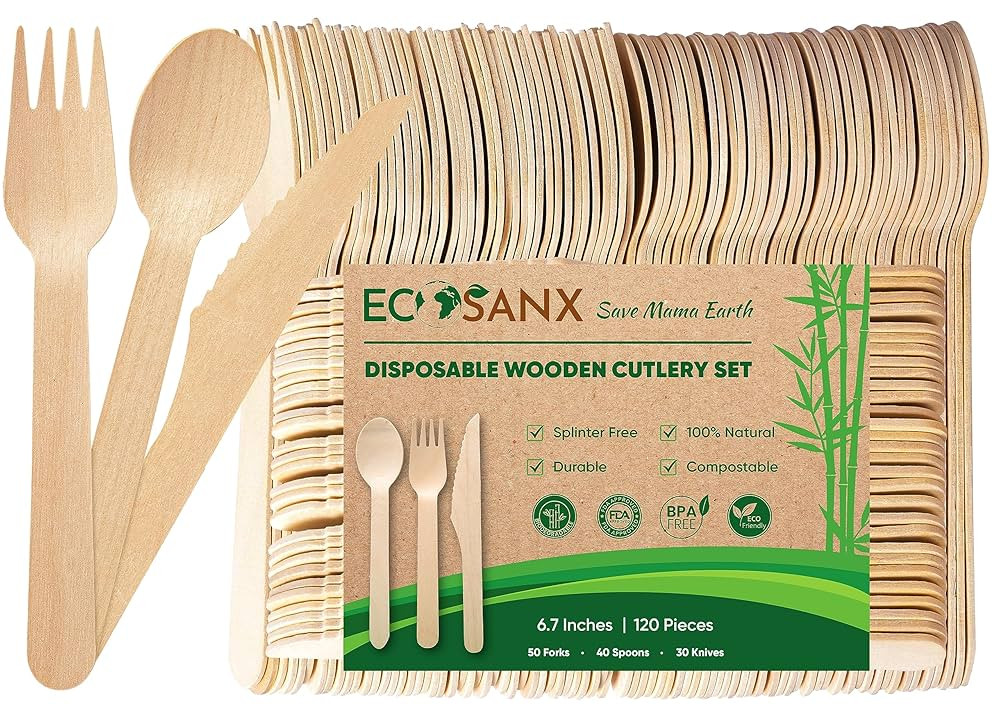 ECOSANX® 120 PCs Disposable Wooden Cutlery set 6.5" Splinter Free Compostable Utensils for party... | Amazon (US)