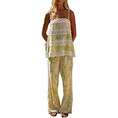THLAI Womens 2 Piece Outfits Printed Linen Sexy Sleeveless Camisole Pants Set Outfits For Going O... | Amazon (US)