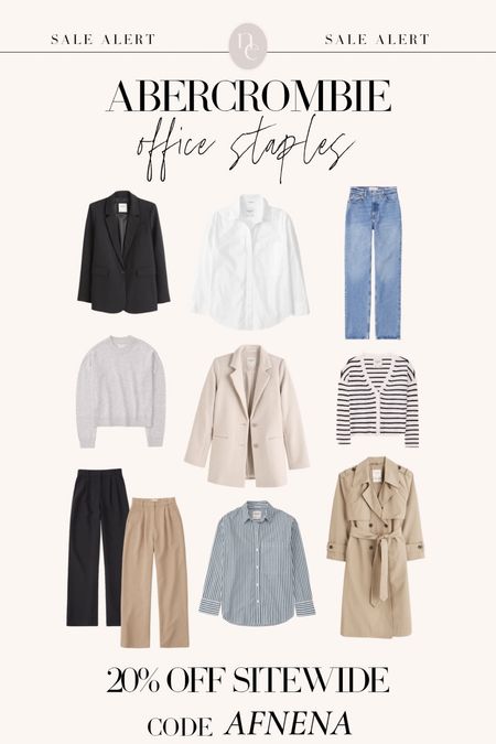 Code AFNENA for an extra 20% off Abercrombie! These pieces are perfect for the office! 








Blazer, trench coat, trousers, white button down, non distressed jeans

#LTKstyletip #LTKsalealert #LTKworkwear