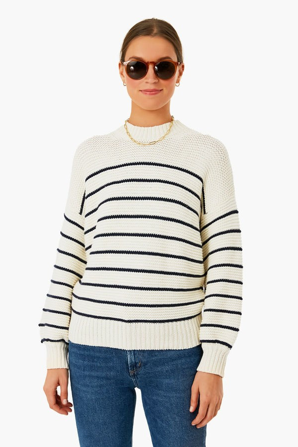 Ivory and Dark Navy Stripe Button Back Crewneck Sweater | Tuckernuck (US)