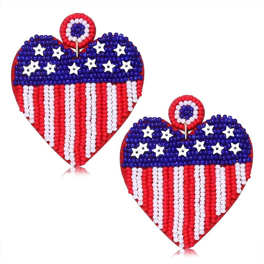 4th of July Earrings for Women Handmade Beaded Patriotic American Flag Dangling Earrings Cute... | Amazon (US)