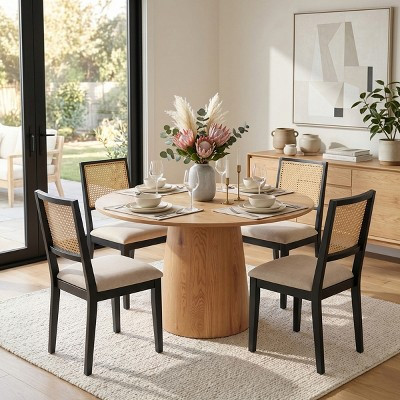 Round Dining Table Set for 4, Natural Wood-Tone Pedestal Table and Solid Wood Upholstered Chairs with Rattan Backs in Black for Dining Room-Panipeachy | Target