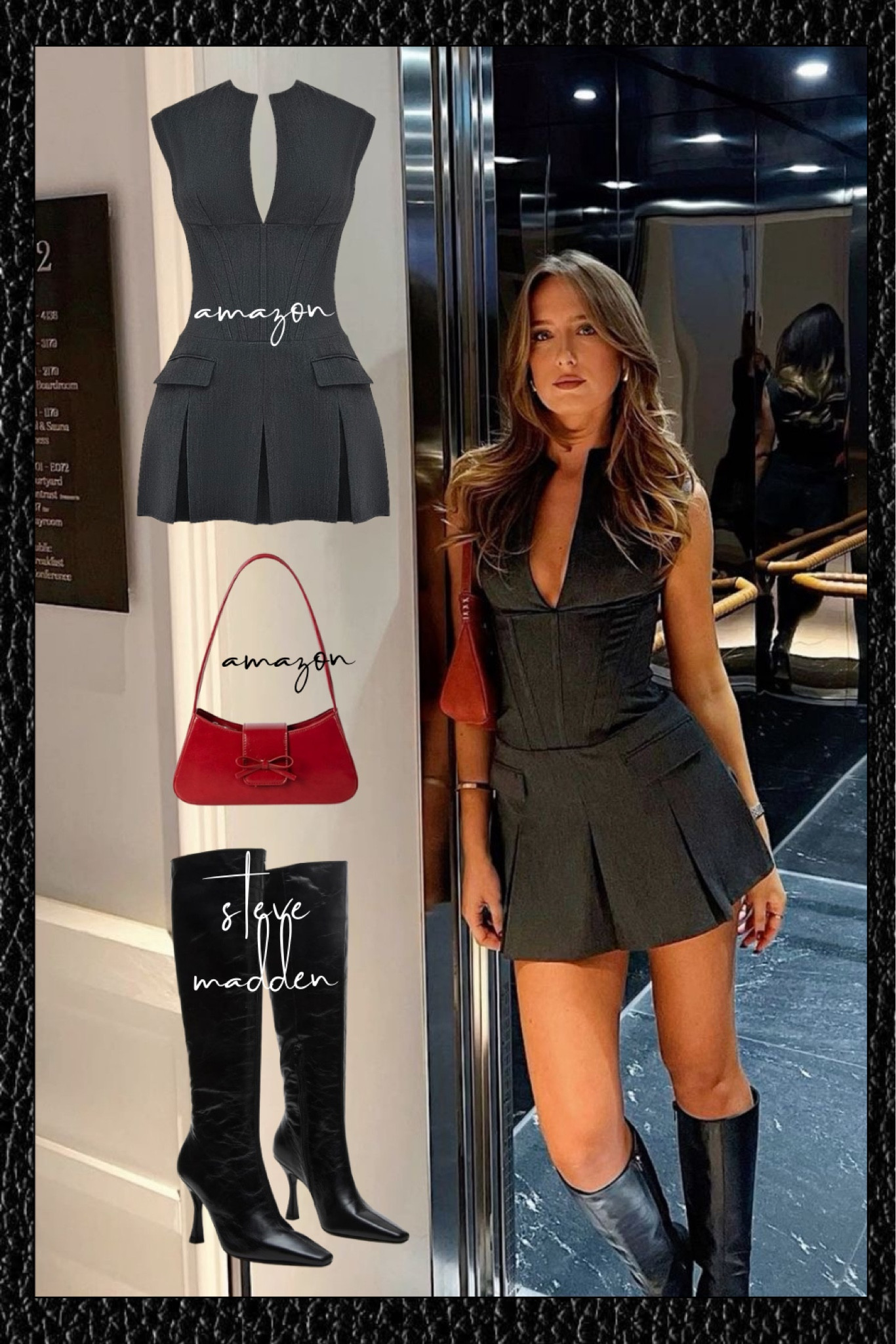 date night outfit: shop the look - pleated corset dress, red mini shoulder bag, black knee high boots, tall black boots

#LTKStyleTip #LTKItBag #LTKFindsUnder50