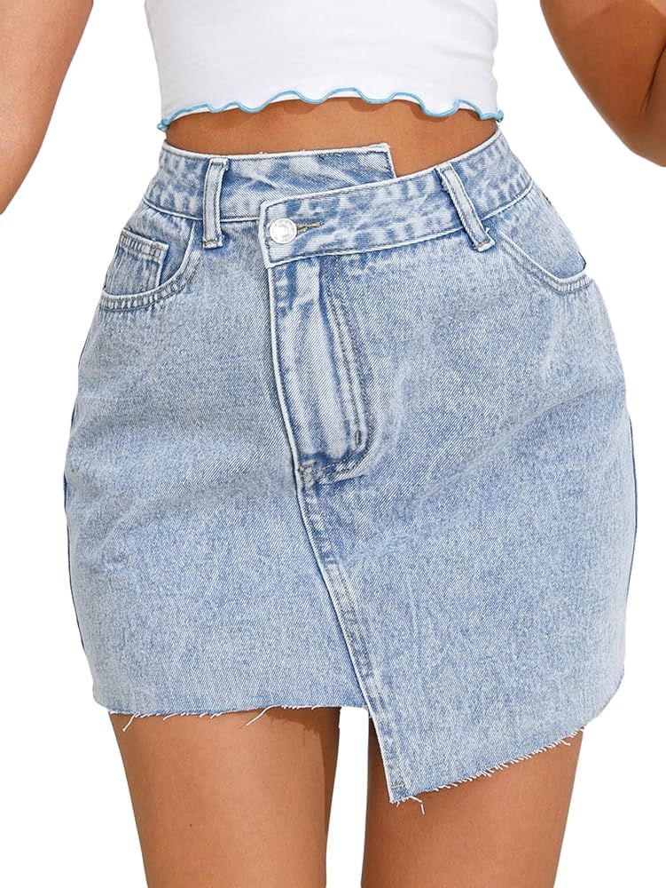 Floerns Women's Casual Asymmetrical Waist Jeans Skirt Raw Trim Denim Skirt | Amazon (US)