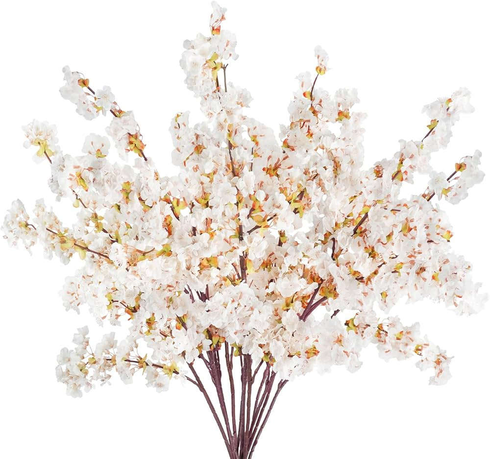 12 Pcs Artificial Cherry Blossom Flowers 40" Faux Silk Cherry Blossom Stems Fake Real Touch Peach... | Amazon (US)