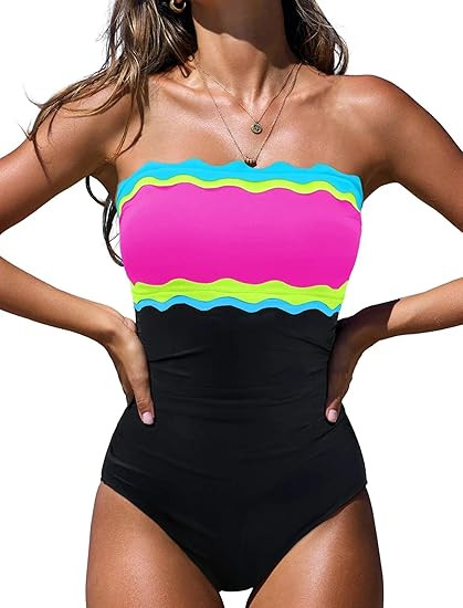 popvil One Piece Swimsuits for Women Tummy Control Strapless Bathing Suits 2026 Neon Bandeau Swim... | Amazon (US)