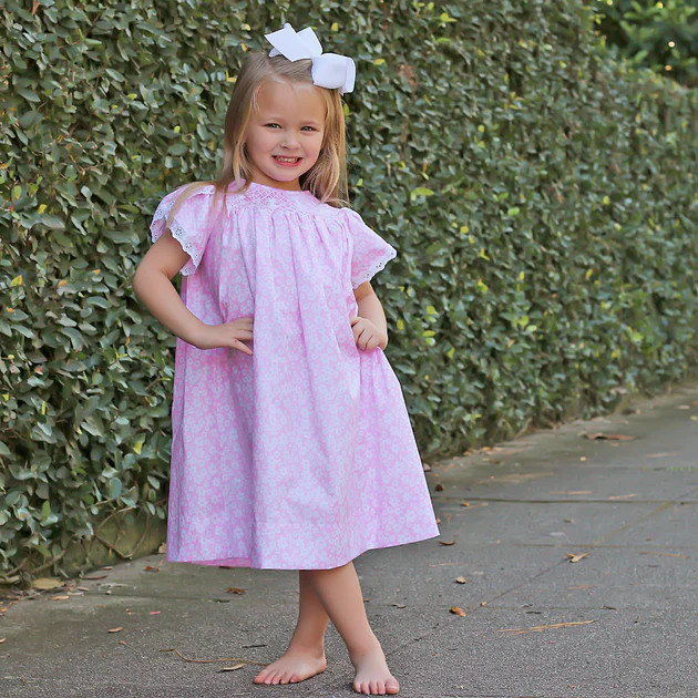 Pink Daisy Geometric Bunny Smocked Bishop Dress | Classic Whimsy