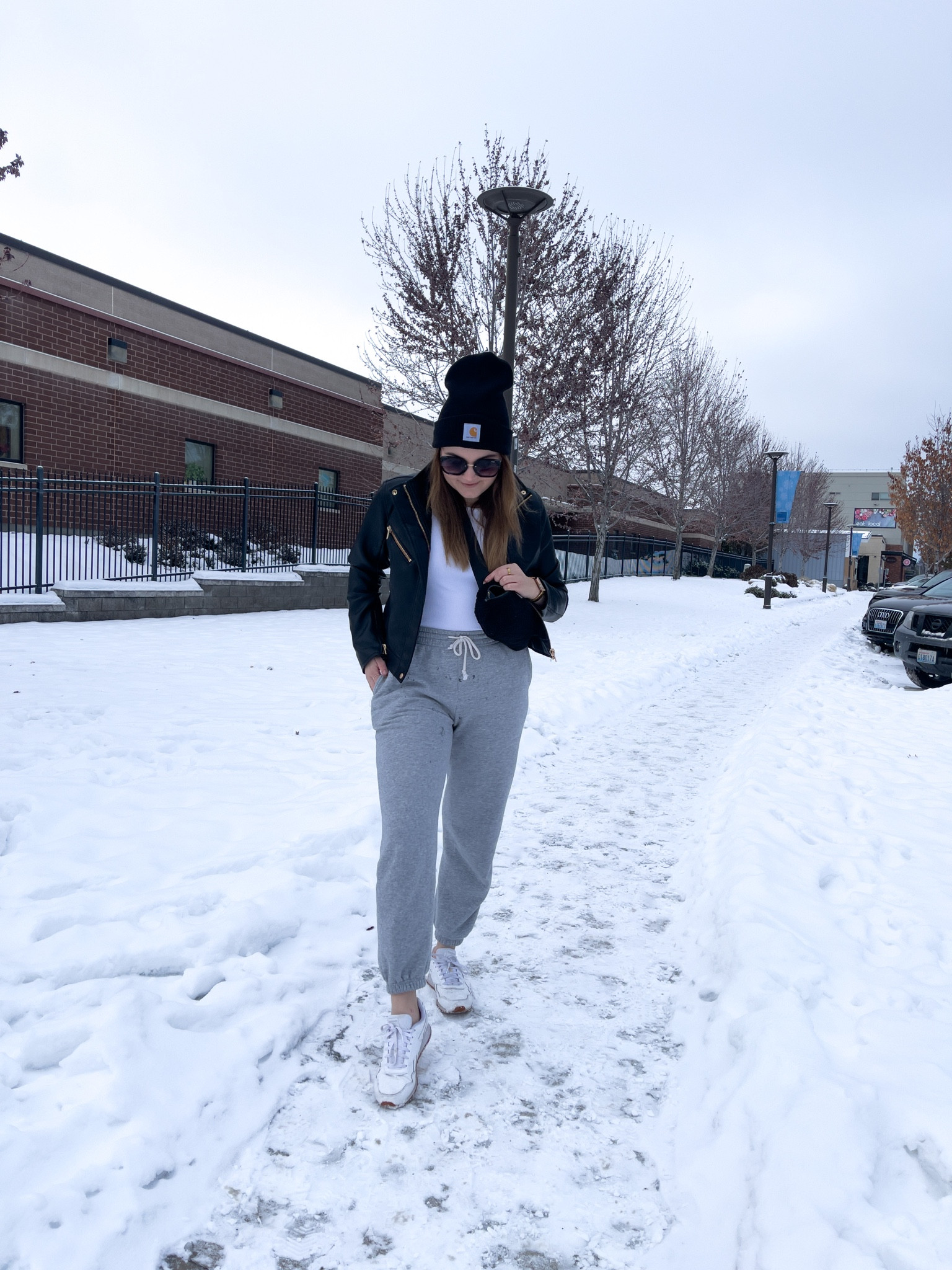 Cool girl snow day outfit! Featuring grey sweatpants and a faux leather jacket 

I’m wearing a L jacket, size M tank and joggers with size 9 sneakers 

#LTKunder100 #LTKSeasonal #LTKstyletip