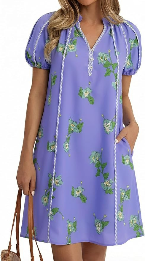 Cicy Bell Womens Summer Puff Sleeve Mini Dresses Floral Print Ruffle Button V Neck Dress Loose Fi... | Amazon (US)