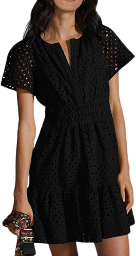 utcoco Lace Eyelet Mini Dress for Women 2025 Casual V Neck Short Sleeve Smocked Waist Tiered Boho... | Amazon (US)