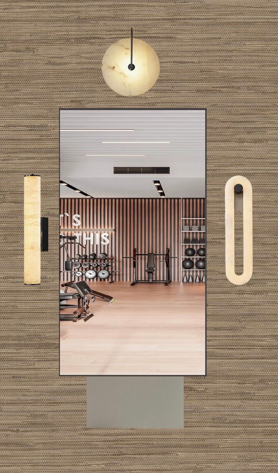 Gym light options 
Stone wall sconces on sale. 
Finan black framed mirrors 
Paint color 
Faux grasscloth wallpaper

#LTKSaleAlert #LTKHome