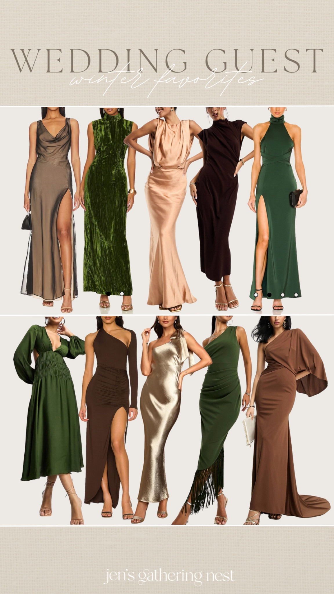 Wedding guest dress inspo for the winter season 🤎 browns + greens + golds 

#dresses #golddresses #greendresses #browndresses #formaldresses #weddingguest #weddingguestdress #revolve #asos 

#LTKwedding #LTKHoliday #LTKfindsunder100