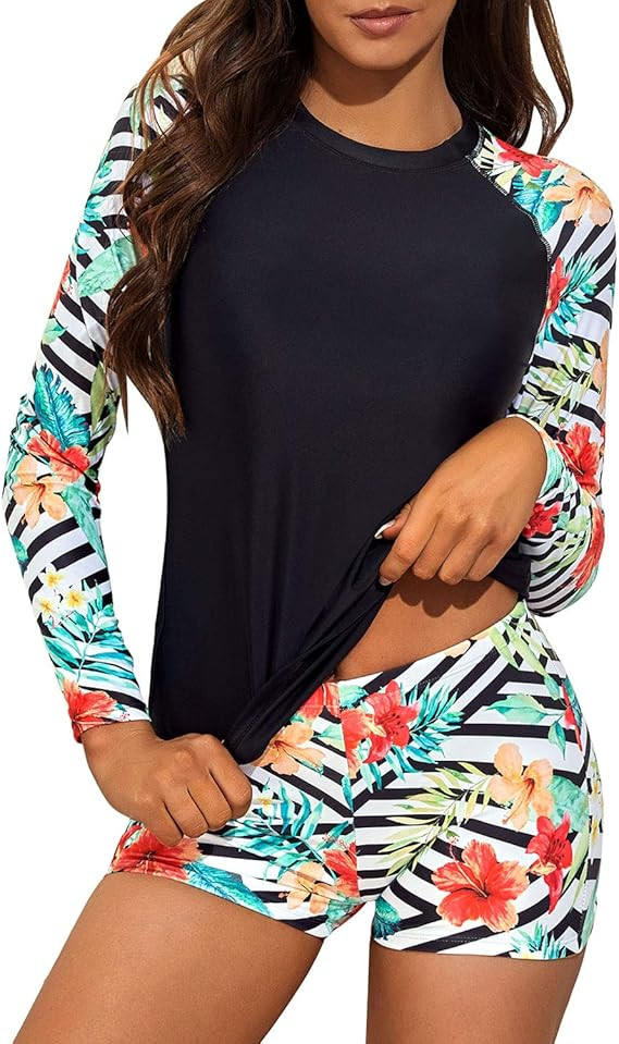 Daci Women Two Piece Rash Guard Long Sleeve Swimsuits UV UPF 50+ Swim Shirt Bathing Suit with Boysho | Amazon (US)