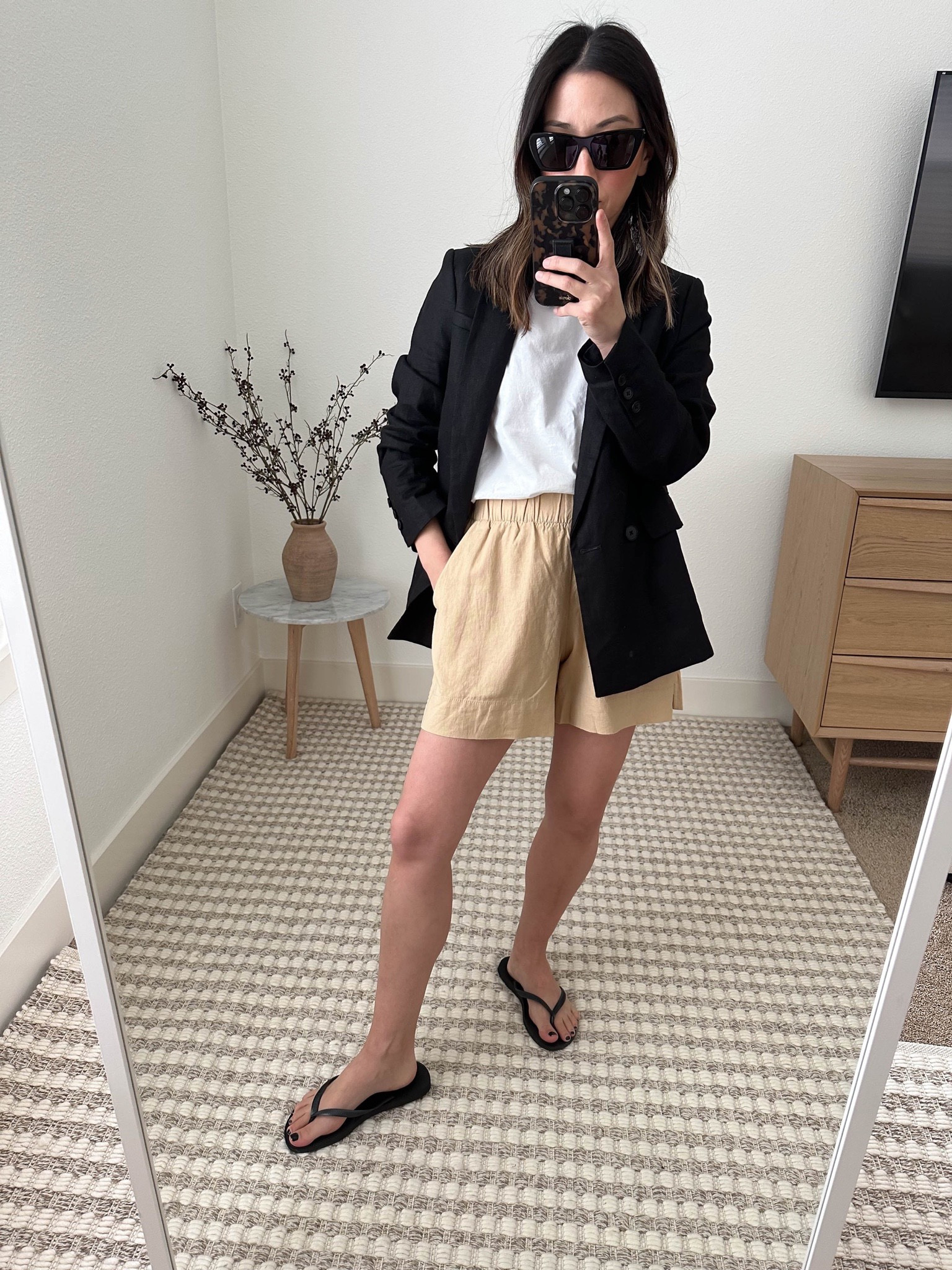 Gap linen shorts. On sale! My absolute favorite! Wearing the petite xs. They’re not too short, with an elastic waistband and super comfortable. 

Blazer - Banana Republic petite 4 (old, linked new version)
Tee - Everlane medium
Shorts- Gap petite xs
Sandals - Havaianas  5 /6
Sunglasses - YSL Mica

Petite Style, Neutral outfit, capsule wardrobe, minimal style, street style outfits, Gap Try-On’s, Gap petite, Affordable fashion, Spring fashion, spring outfit, vacation outfit, sandals 

#LTKsalealert #LTKSeasonal #LTKunder50
