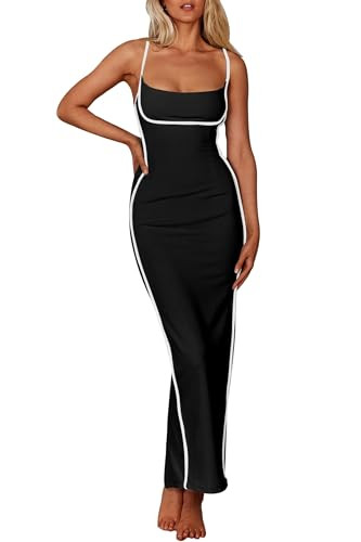 PRETTYGARDEN Women's Long Dress Summer Spaghetti Strap Backless Split Bodycon Cocktail Dress (Black,XX-Large) | Amazon (US)