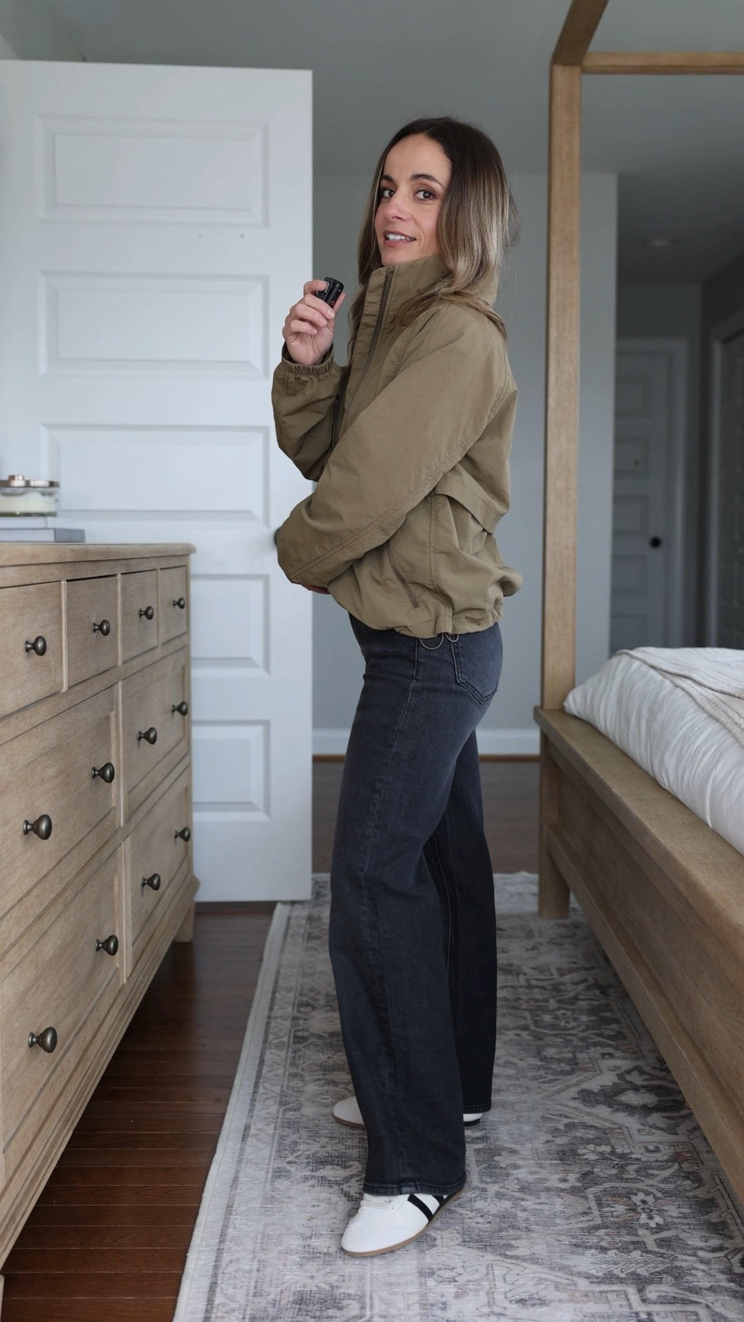 Love this windbreaker from Quince! I wore the white one heavily last spring but added this olive option this year. 

Jacket: xs 
Jeans: 24

#LTKPetite