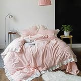 SUSYBAO 3 Pieces Ruffle Duvet Cover Set 100% Natural Washed Cotton King Size Pink white Stripe Rural | Amazon (US)