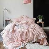 SUSYBAO 3 Pieces Ruffle Duvet Cover Set 100% Natural Washed Cotton King Size Pink white Stripe Rural | Amazon (US)