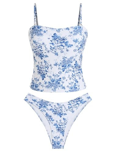 ZAFUL Women's Floral Tankini Swimsuits Bandeau Tummy Control High Cut Tankini Set Two Piece Bathing Suit(1-Blue, S) | Amazon (US)