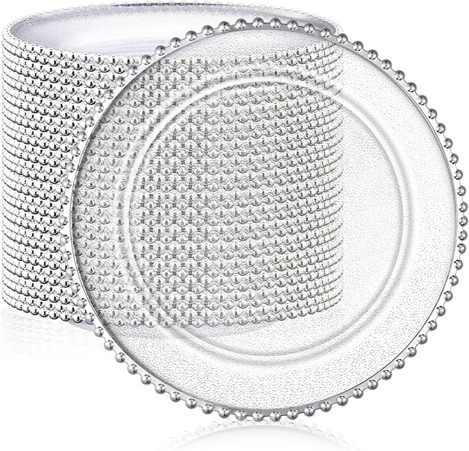Hoolerry 50 Pack Clear Charger Plates Bulk 13 Inch Plastic Round Beaded Dinner Chargers Acrylic F... | Amazon (US)