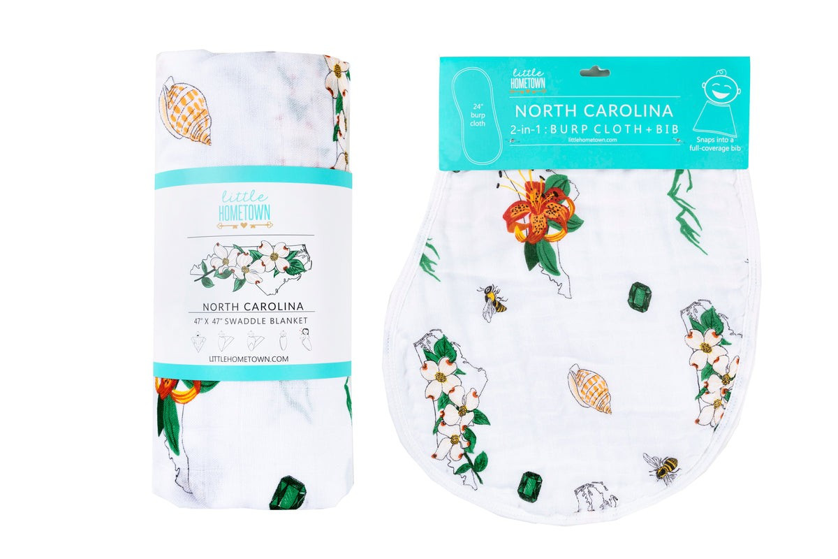 Gift Set: North Carolina Baby Muslin Swaddle Blanket and Burp Cloth/Bib Combo (Floral) | Little Hometown
