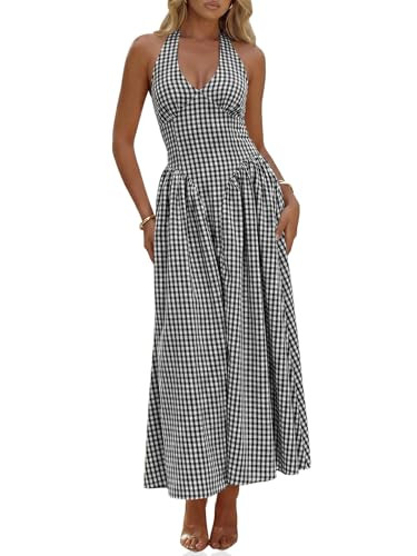 Wenrine Womens Halter V Neck Corset Maxi Dresses Summer Plaid Smocked Tie Back Backless Wedding G... | Amazon (US)