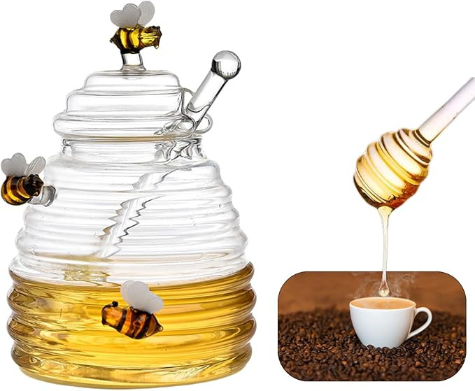 glass honey jar with dipper,beehive shaped honey pot,honey container with dipper large,17 oz | Amazon (US)