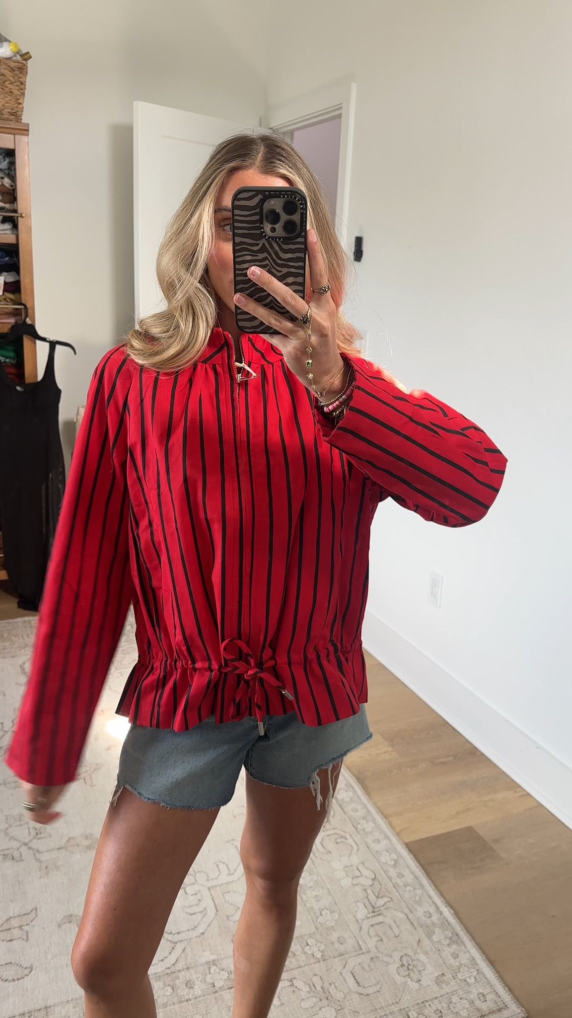 Amazon size small Womens Stripe Bomber Jacket Long Lantern Sleeve Lapel Drawstring Waist Zip Casual Ruffle Hem Shacket with Pocket

#LTKootd #LTKSaleAlert #LTKdayinmylife