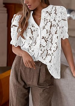 PRETTYGARDEN Womens Summer Lace Tops Short Puff Sleeve Casual Dressy Blouses Eyelet Crew Neck But... | Amazon (US)