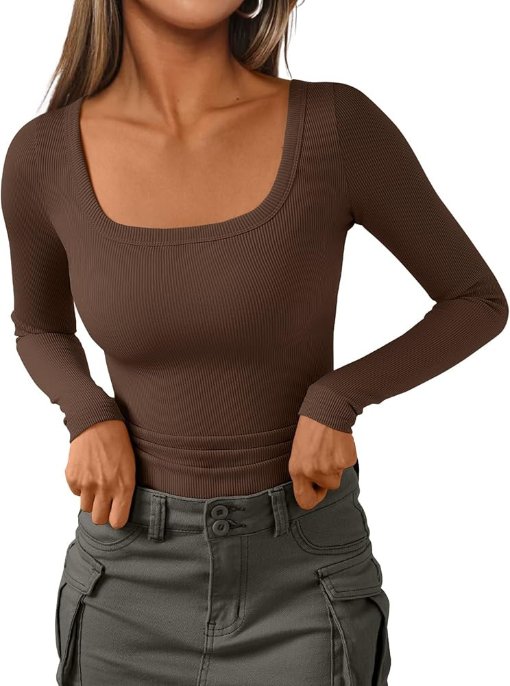 AUTOMET Womens Long Sleeve Shirts Square Neck Tops Ribbed Knit Fitted Casual Basic Tees Slim Fit ... | Amazon (US)