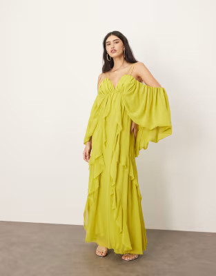ARRANGE cold shoulder ruffle full midi dress in lime green | ASOS | ASOS (Global)