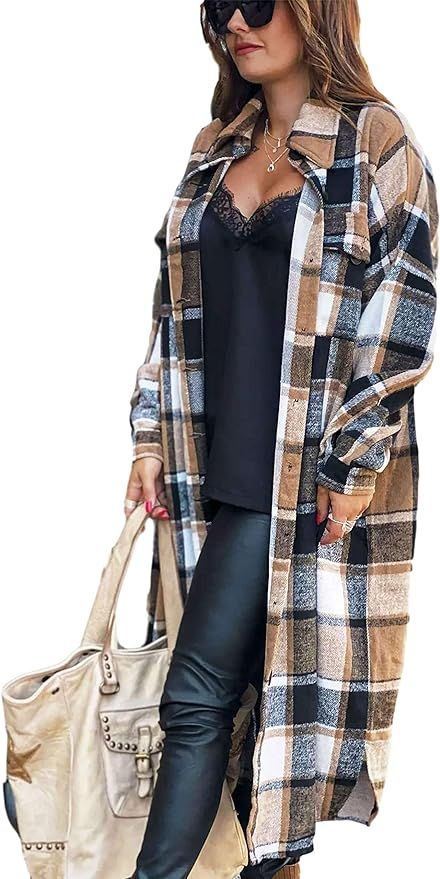 Himosyber Women's Casual Plaid Lapel Woolen Button Up Pocketed Long Shacket Coat | Amazon (US)