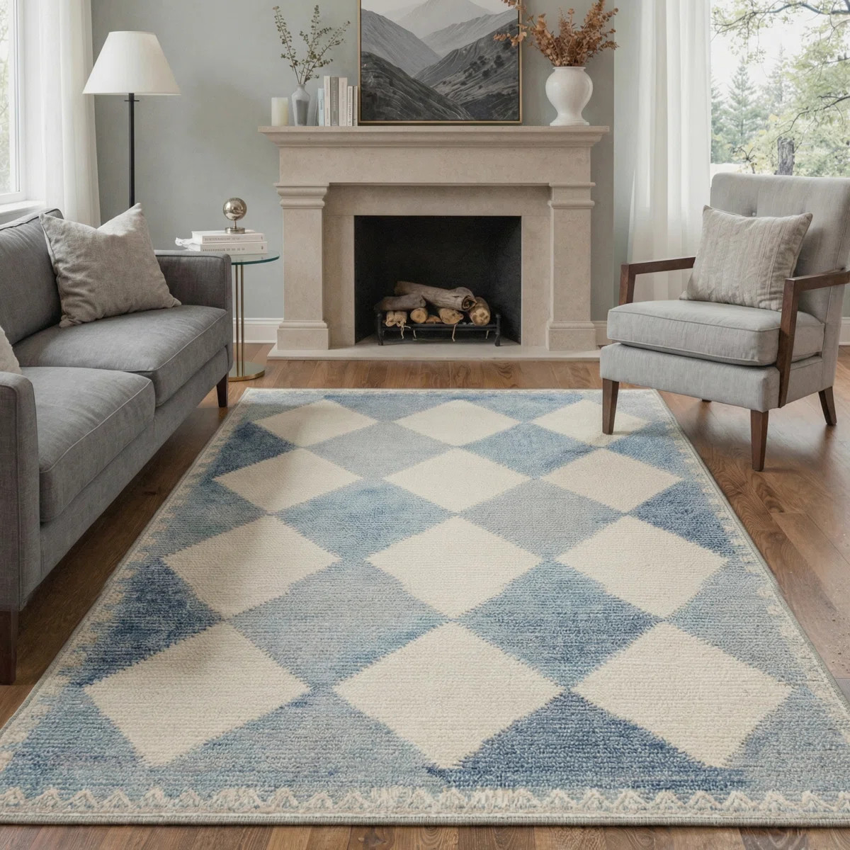 Abdellah Coastal Geometric Diamond Machine Washable Blue / Beige Indoor Area Rug with Non-Slip Ba... | Wayfair North America