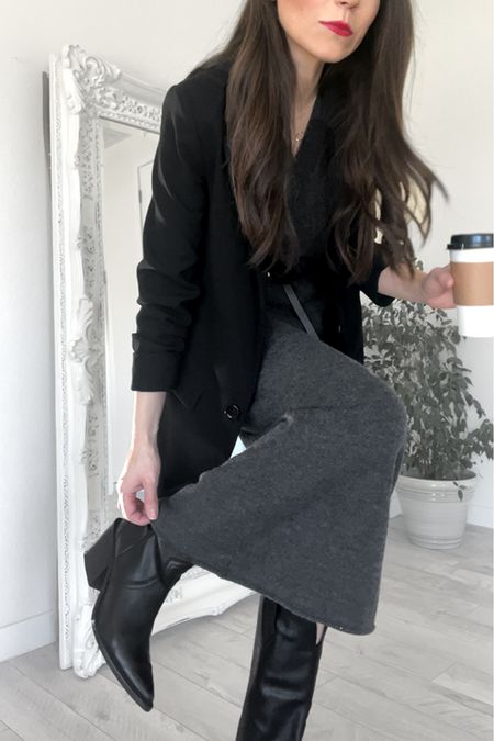 Black and gray outfit with knit dress and black blazer 🖤☕️

Cute winter outfit, knit maxi dress, black cowboy boots, black boots, boots with dress outfit, boots outfit, maxi dress with boots 

#LTKunder100 #LTKworkwear #LTKstyletip